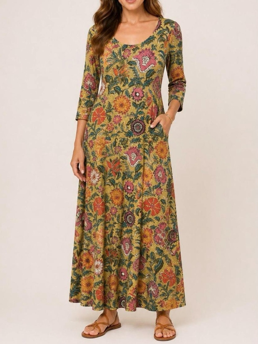 Natural Life Floral Scoop Neck Maxi Dress with Pockets in Mustard Size Large